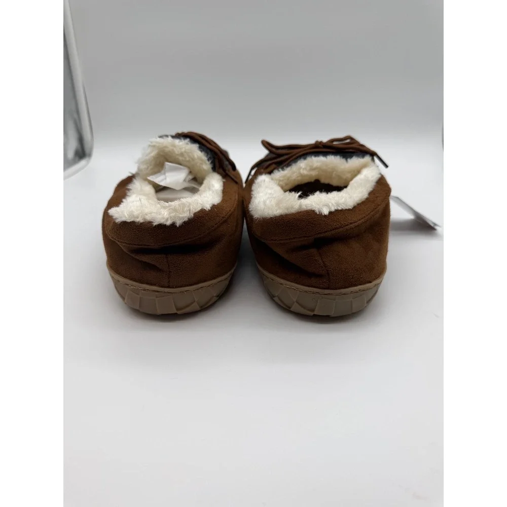 Mens Brown Faux Suede Moccasin Slippers Trim Faux Fur Lined Size 12 NEW